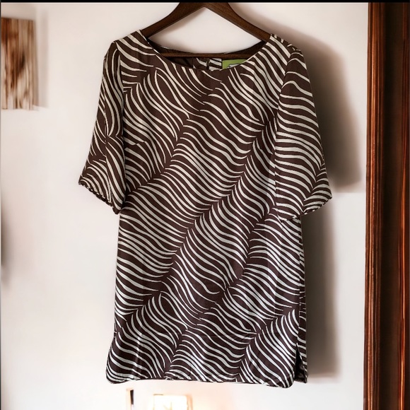 ELIZABETH MCKAY CHOCOLATE & IVORY FEATHER LINDSAY TUNIC DRESS SIZE 4 5054 - Picture 4 of 8